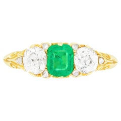 Victorian 0.70ct Emerald and Diamond Three Stone Ring, c.1880s