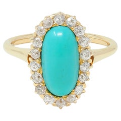 Victorian 0.72 CTW Diamond Turquoise 18 Karat Yellow Gold Antique Halo Ring
