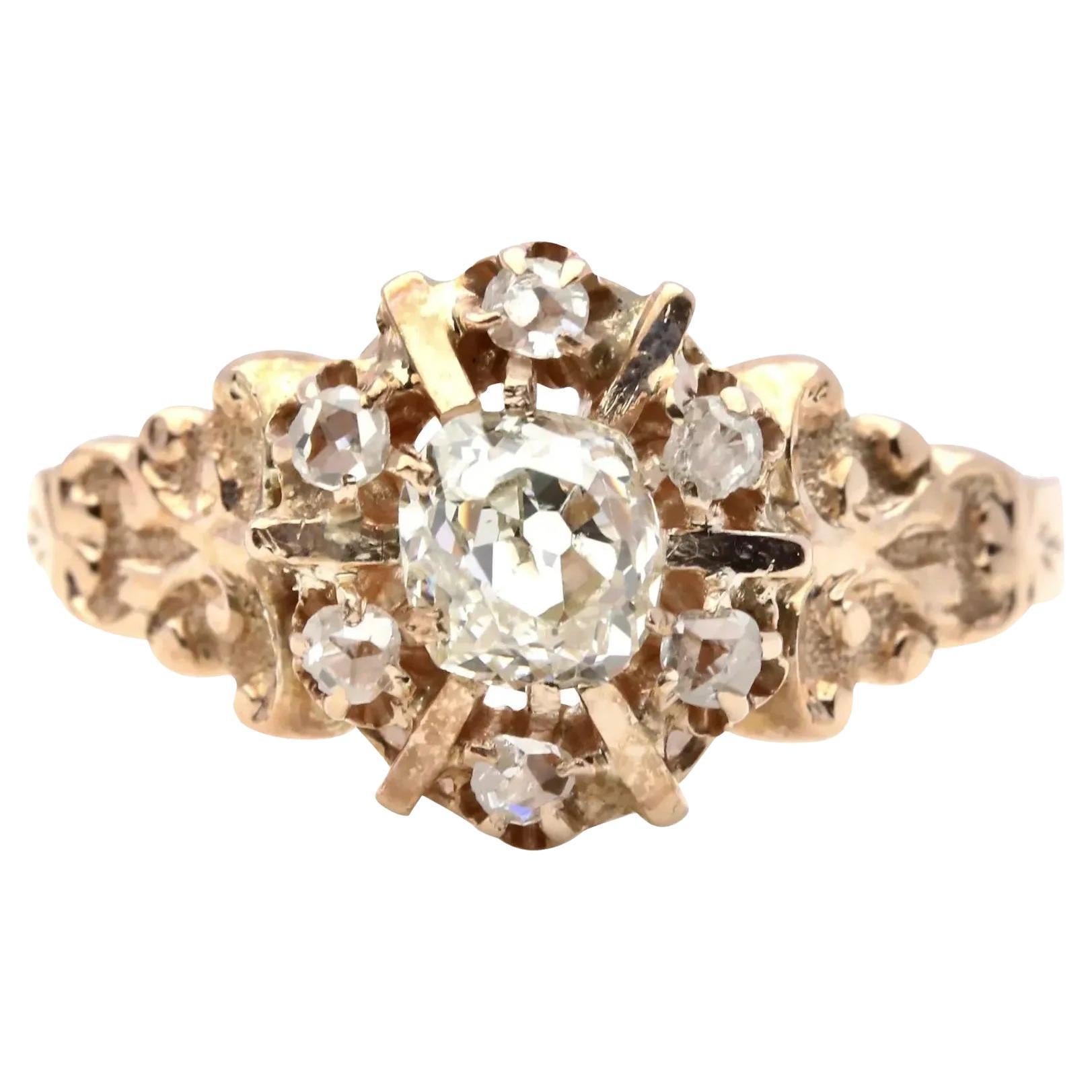 Victorian 0.72ctw Old Mine Cut Diamond Cluster Engagement Ring in 14K Gold