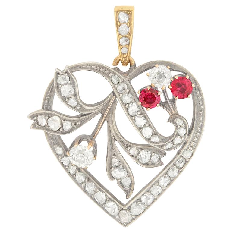 Victorian 0.75 Carat Diamond and Ruby Heart Pendant, circa 1880s