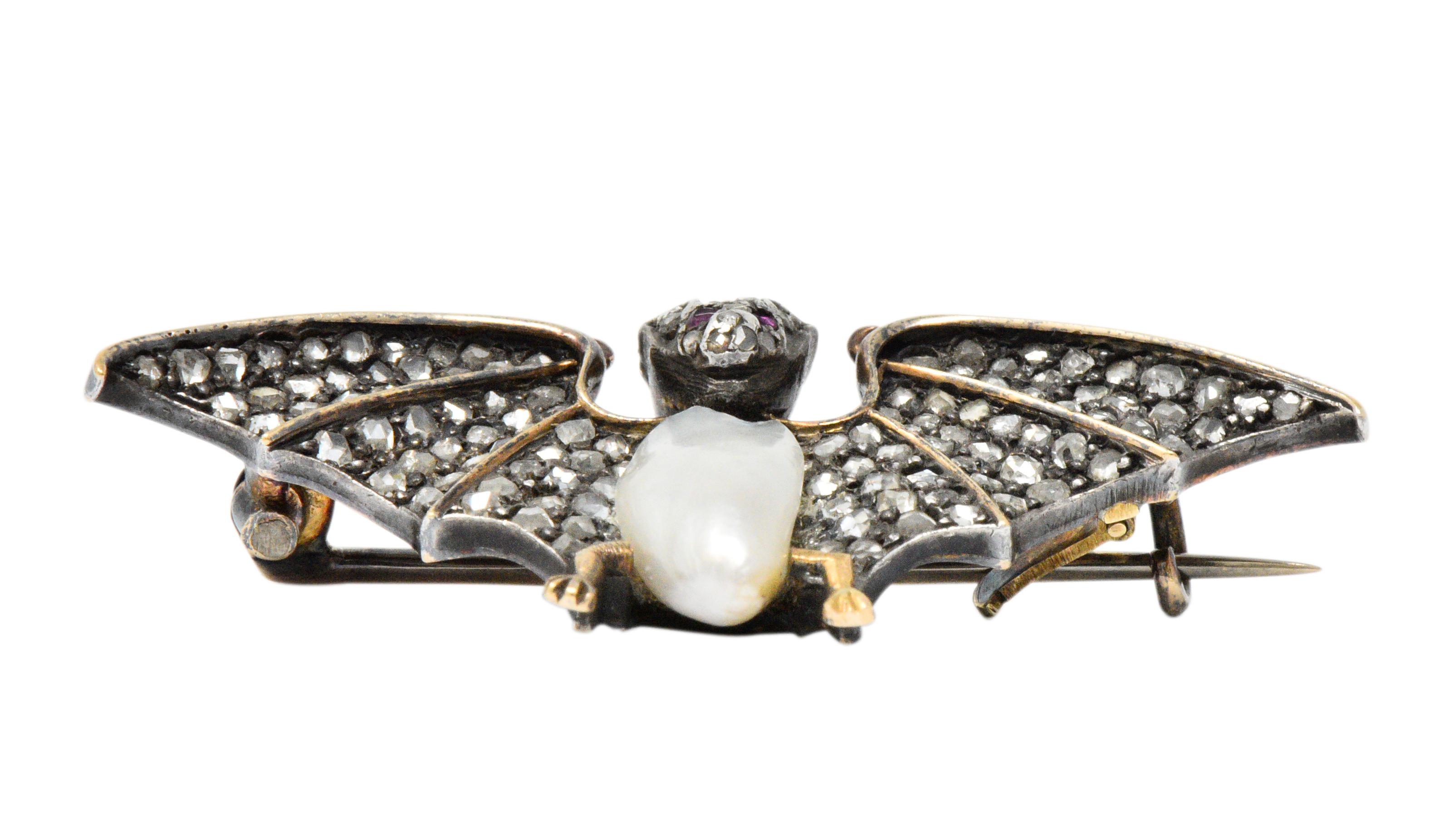 Round Cut Victorian 0.75 Carat Diamond Ruby Pearl Silver Gold Bat Brooch