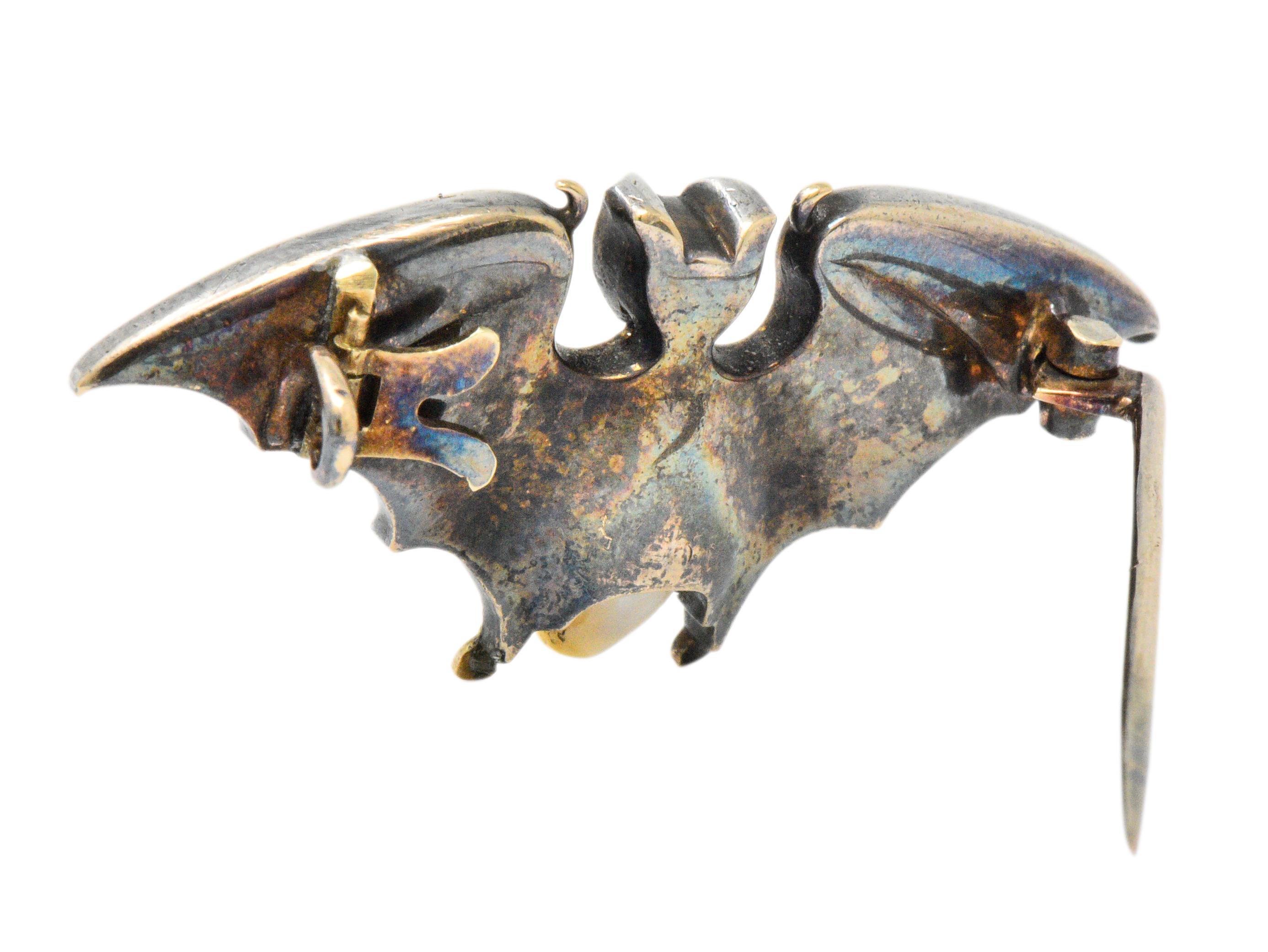Victorian 0.75 Carat Diamond Ruby Pearl Silver Gold Bat Brooch In Excellent Condition In Philadelphia, PA