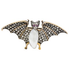 Victorian 0.75 Carat Diamond Ruby Pearl Silver Gold Bat Brooch