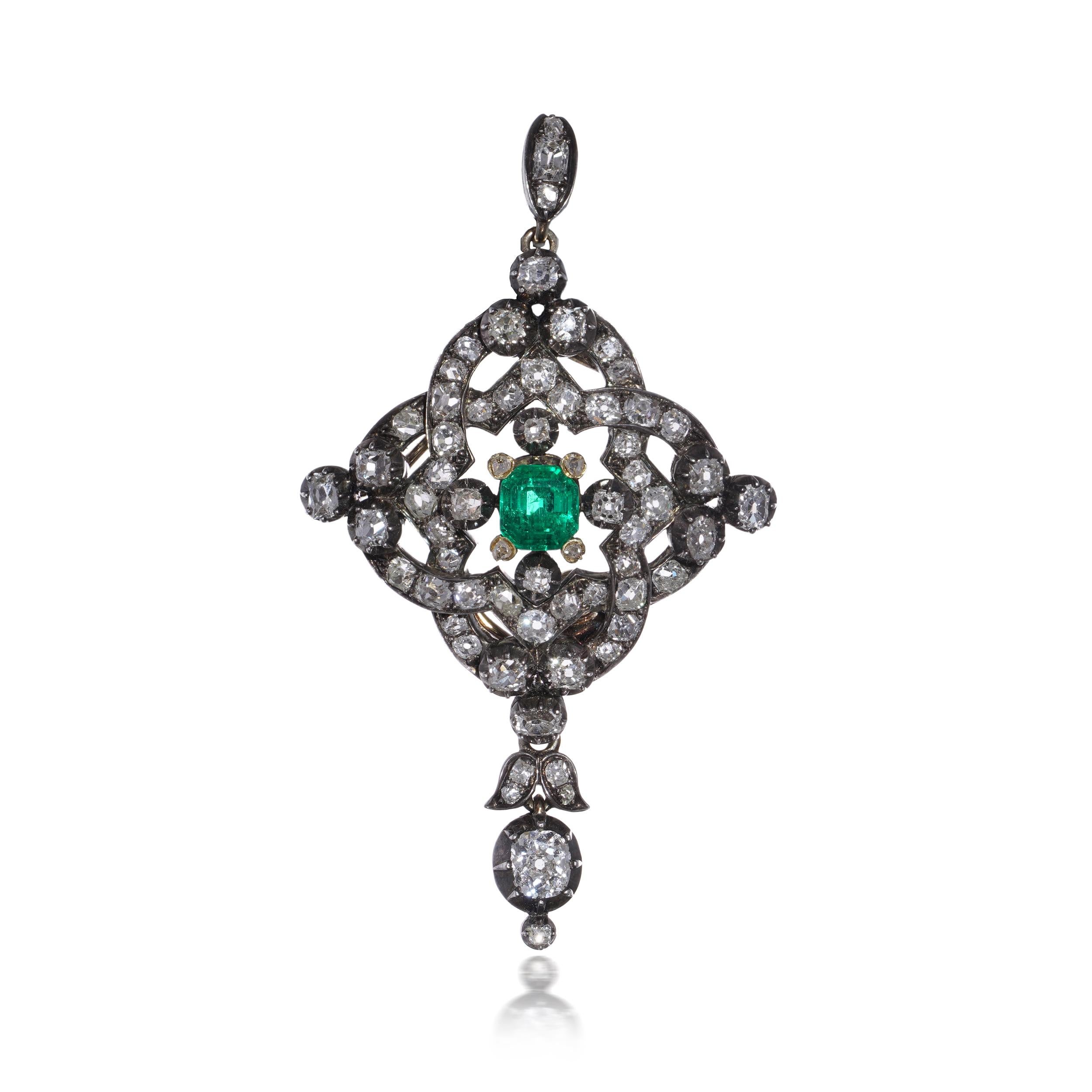 Victorien Émeraude victorienne de 0,75 ct et 3,82 ct. Pendentif diamant en or 9kt et argent en vente