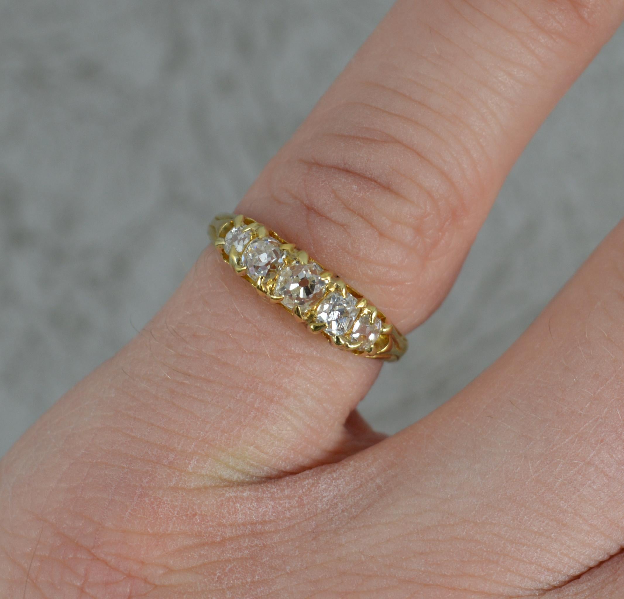 Victorian 0.75ct Old Mine Cut Diamond 18ct Gold Five Stone Boat Band Ring In Good Condition In St Helens, GB