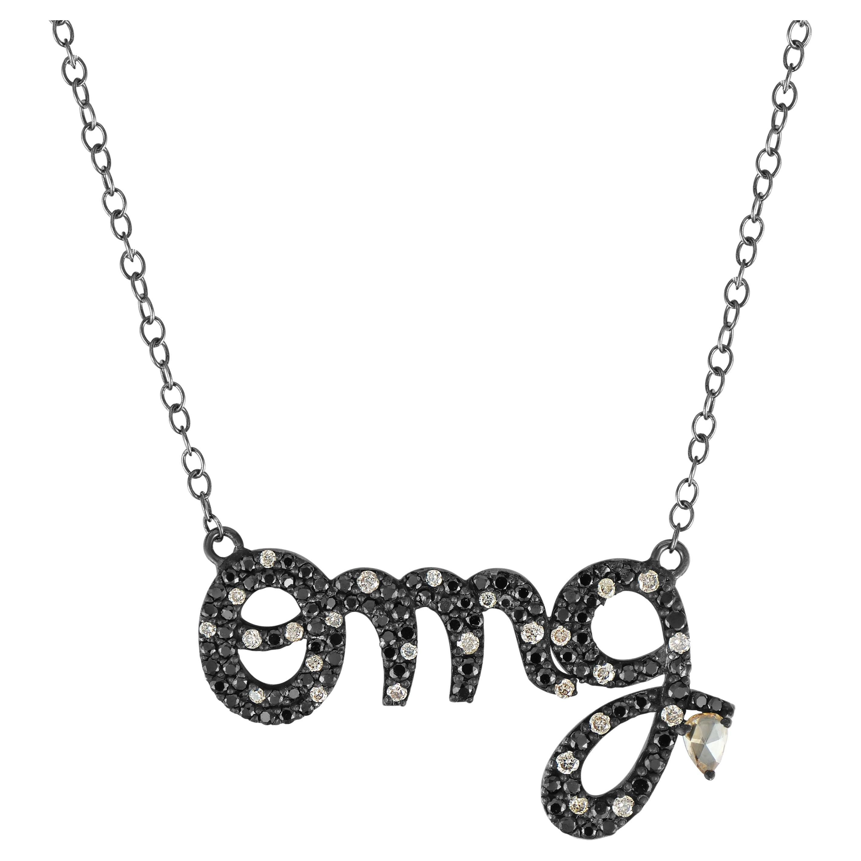 Victorian 0.76 Cttw. Black Spinel and Diamond "OMG" Pendant Necklace  For Sale