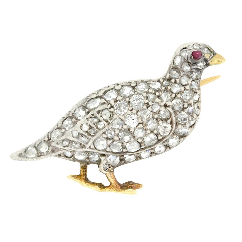 Viktorianische Brosche mit 0,78 Karat Diamant-Huhn, um 1880 (Alteuropäischer Schliff) im Angebot