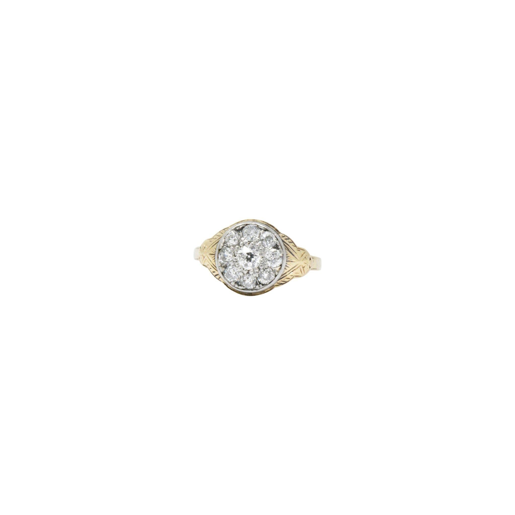 Victorian 0.80 Carat Diamond Platinum and 14 Karat Gold Cluster Ring In Fair Condition In Philadelphia, PA
