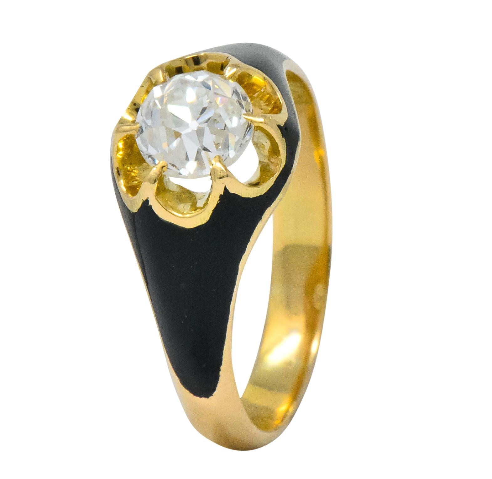 Victorian 0.80 Carat Old European Diamond Enamel 18 Karat Gold Mourning Ring 5