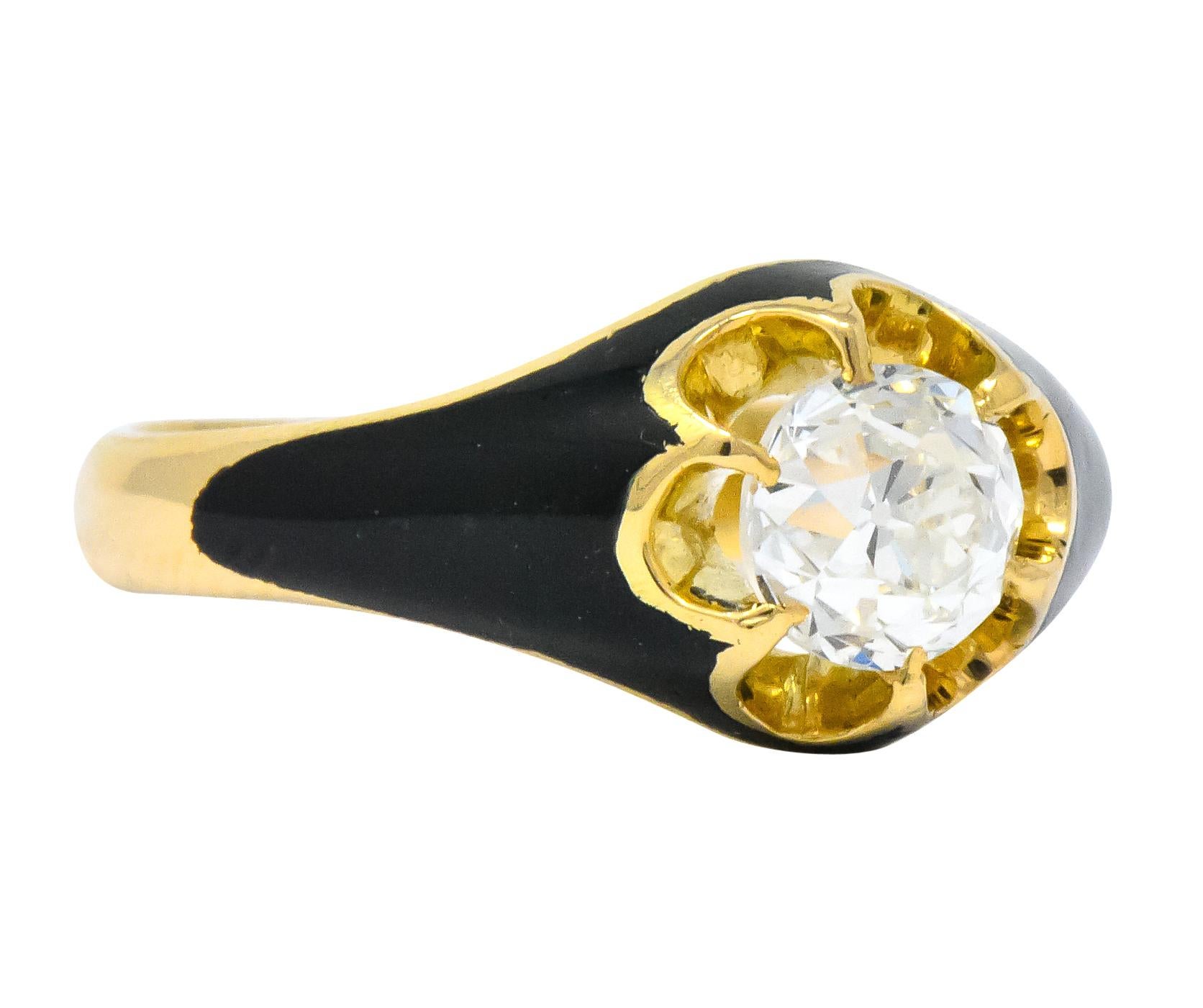 Centering an old European cut diamond weighing approximately 0.80 carat, H/I color and VVS clarity

High polished gold belcher/claw setting surrounded by black enamel shoulders with minor loss, consistent with age, wear, and use

Dated 'Father'
