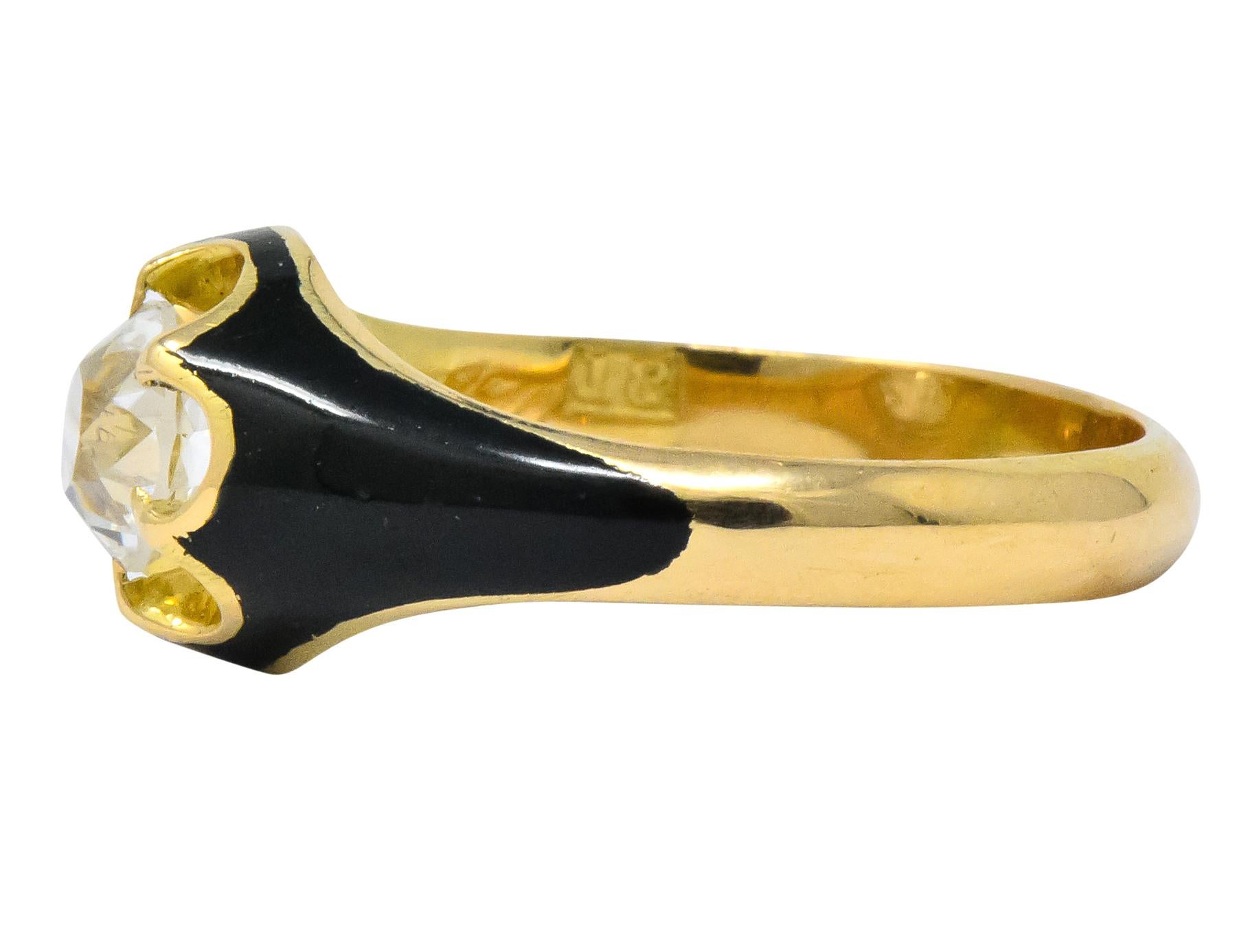 Women's or Men's Victorian 0.80 Carat Old European Diamond Enamel 18 Karat Gold Mourning Ring
