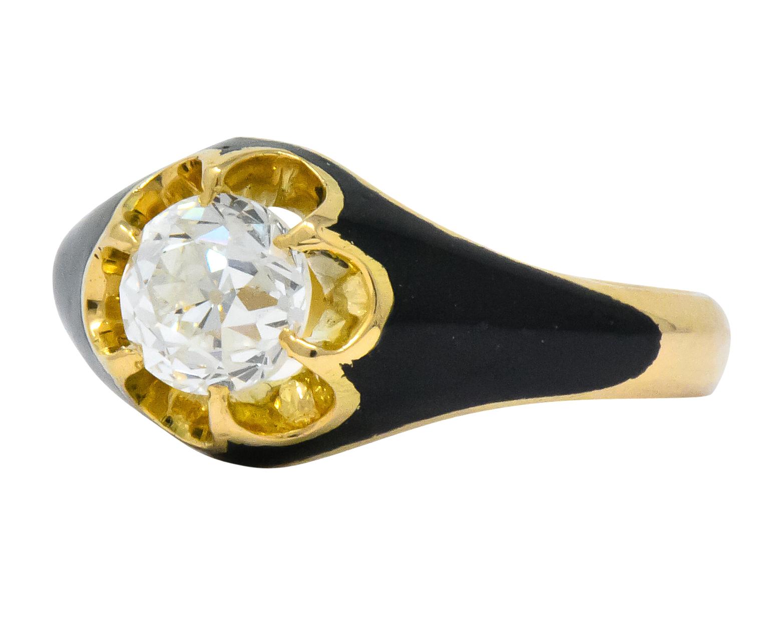 Victorian 0.80 Carat Old European Diamond Enamel 18 Karat Gold Mourning Ring 1