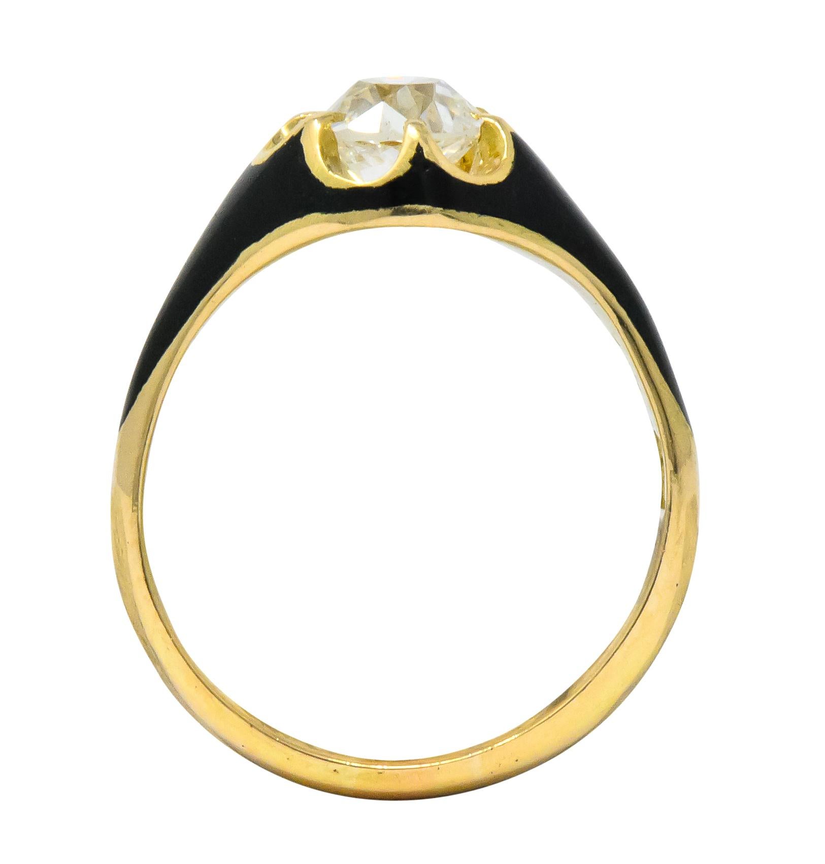 Victorian 0.80 Carat Old European Diamond Enamel 18 Karat Gold Mourning Ring 2