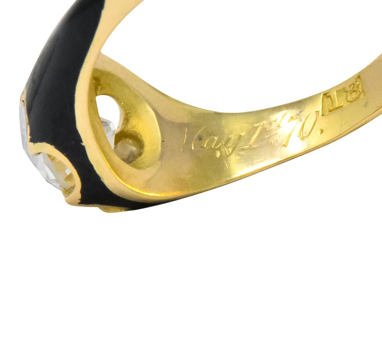 Victorian 0.80 Carat Old European Diamond Enamel 18 Karat Gold Mourning Ring 3