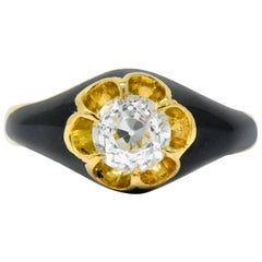 Victorian 0.80 Carat Old European Diamond Enamel 18 Karat Gold Mourning Ring