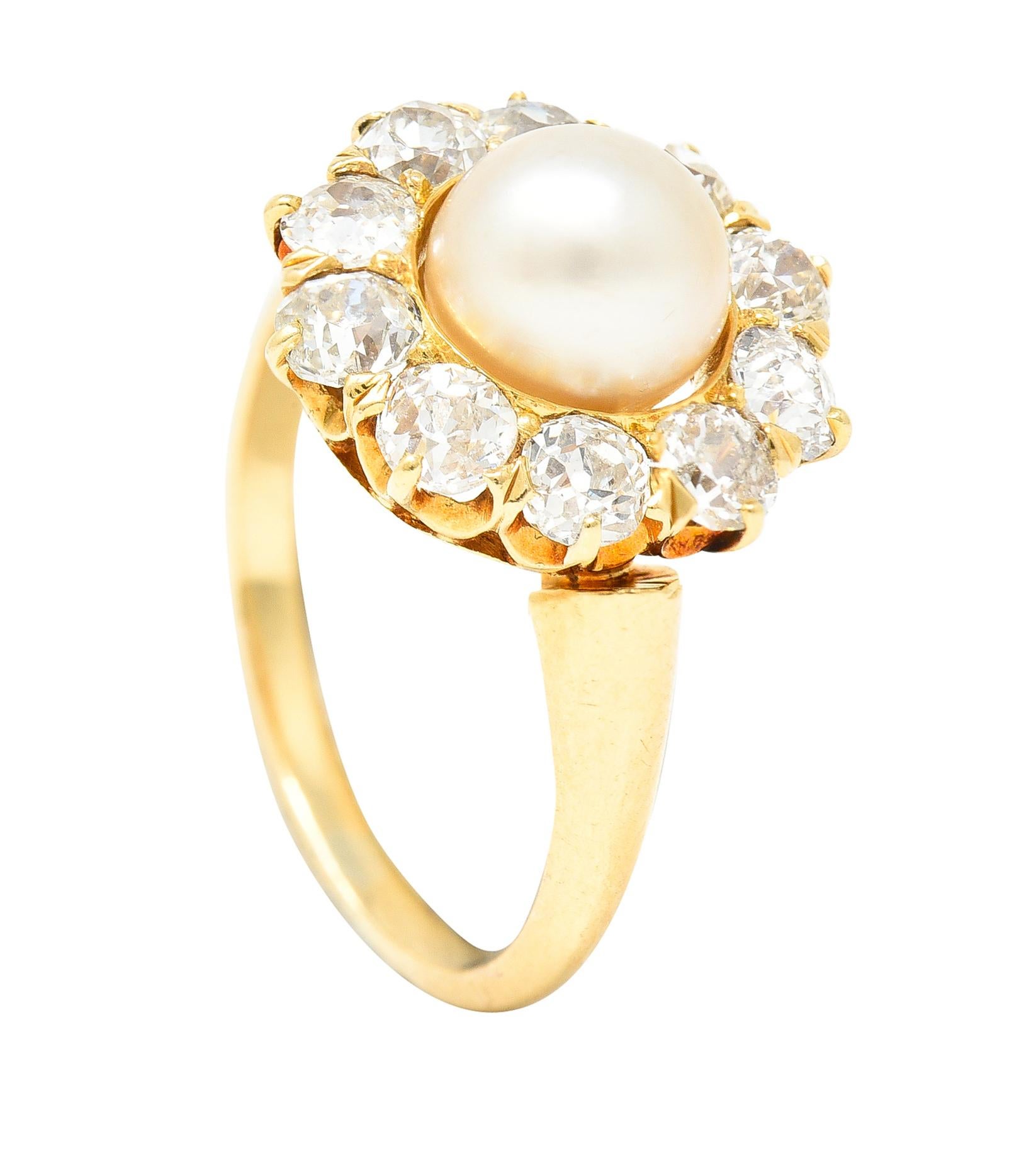 Victorian 0.80 Carat Old Mine Cut Diamond Natural Pearl 18 Karat Gold Ring For Sale 6
