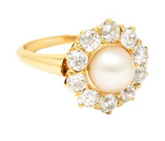 Victorian 0.80 Carat Old Mine Cut Diamond Natural Pearl 18 Karat Gold Ring