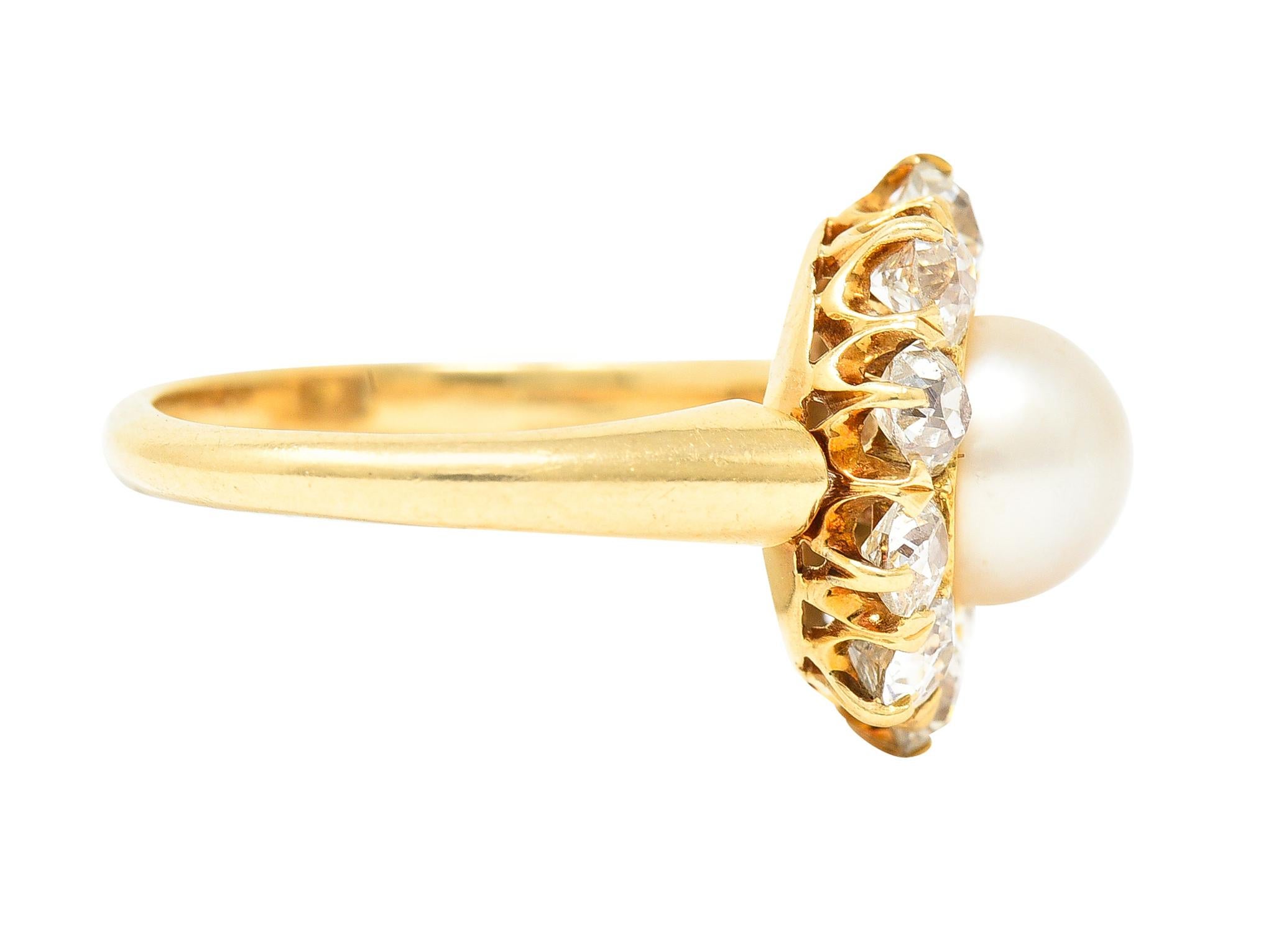 Victorian 0.80 Carat Old Mine Cut Diamond Natural Pearl 18 Karat Gold Ring In Excellent Condition For Sale In Philadelphia, PA