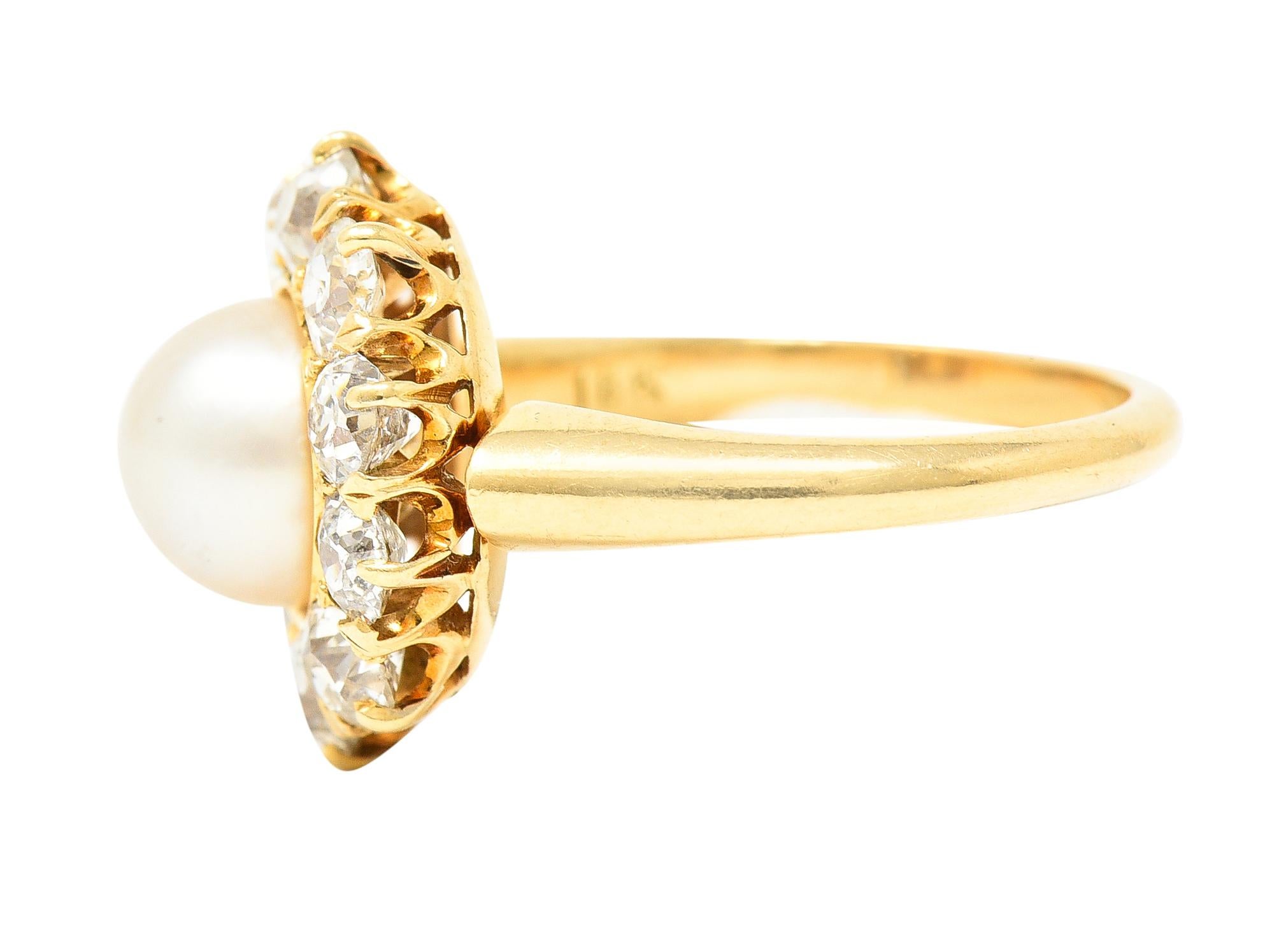 Victorian 0.80 Carat Old Mine Cut Diamond Natural Pearl 18 Karat Gold Ring For Sale 1