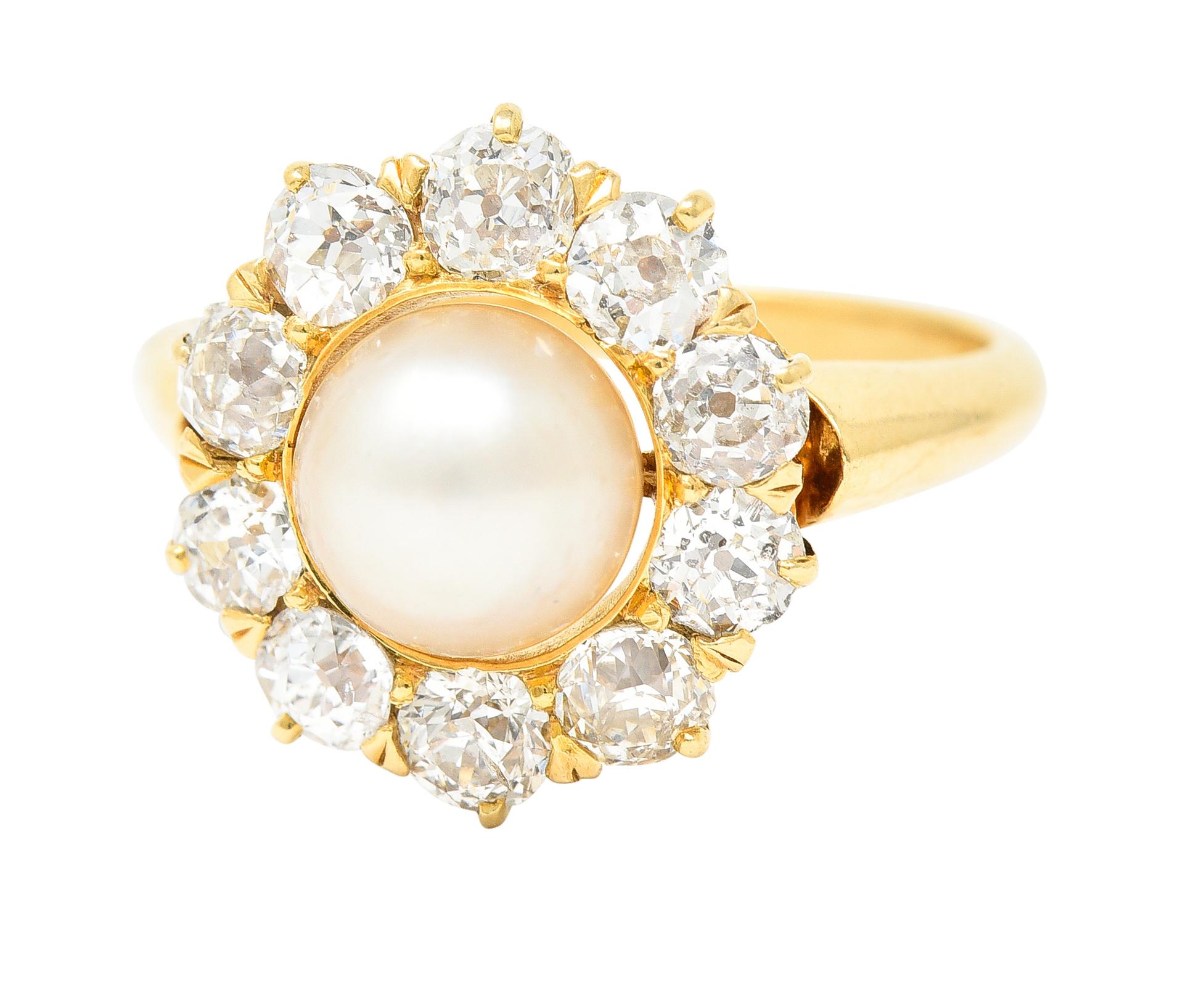 Victorian 0.80 Carat Old Mine Cut Diamond Natural Pearl 18 Karat Gold Ring For Sale 2