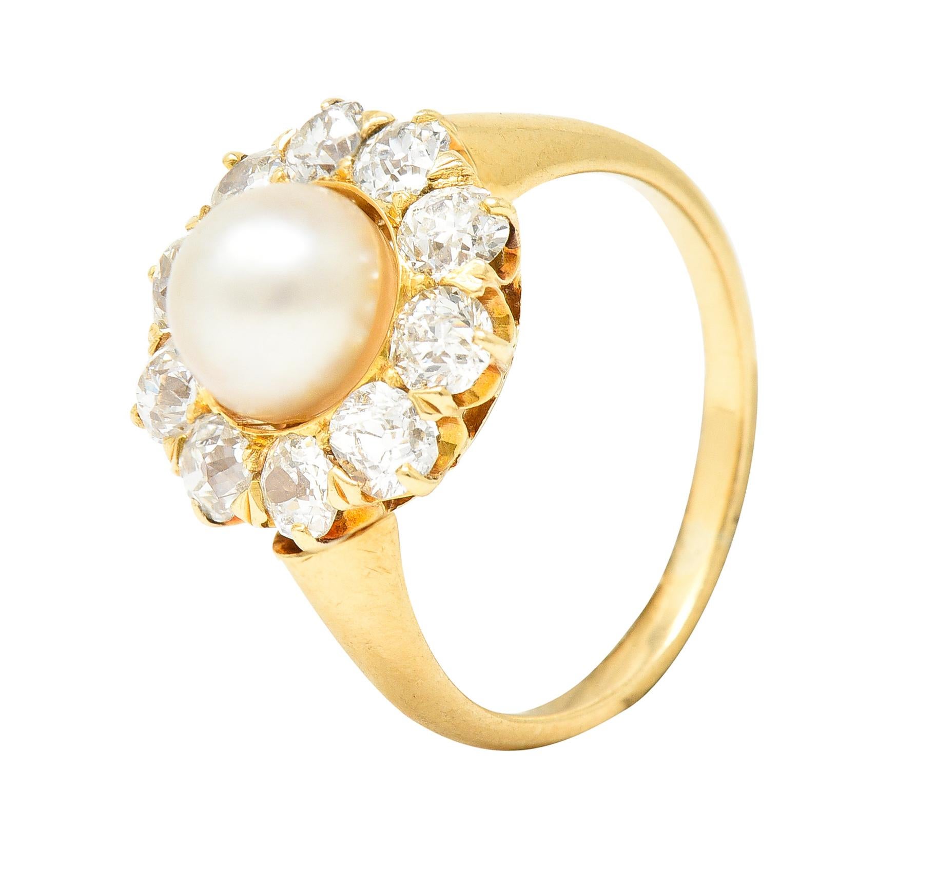Victorian 0.80 Carat Old Mine Cut Diamond Natural Pearl 18 Karat Gold Ring For Sale 4