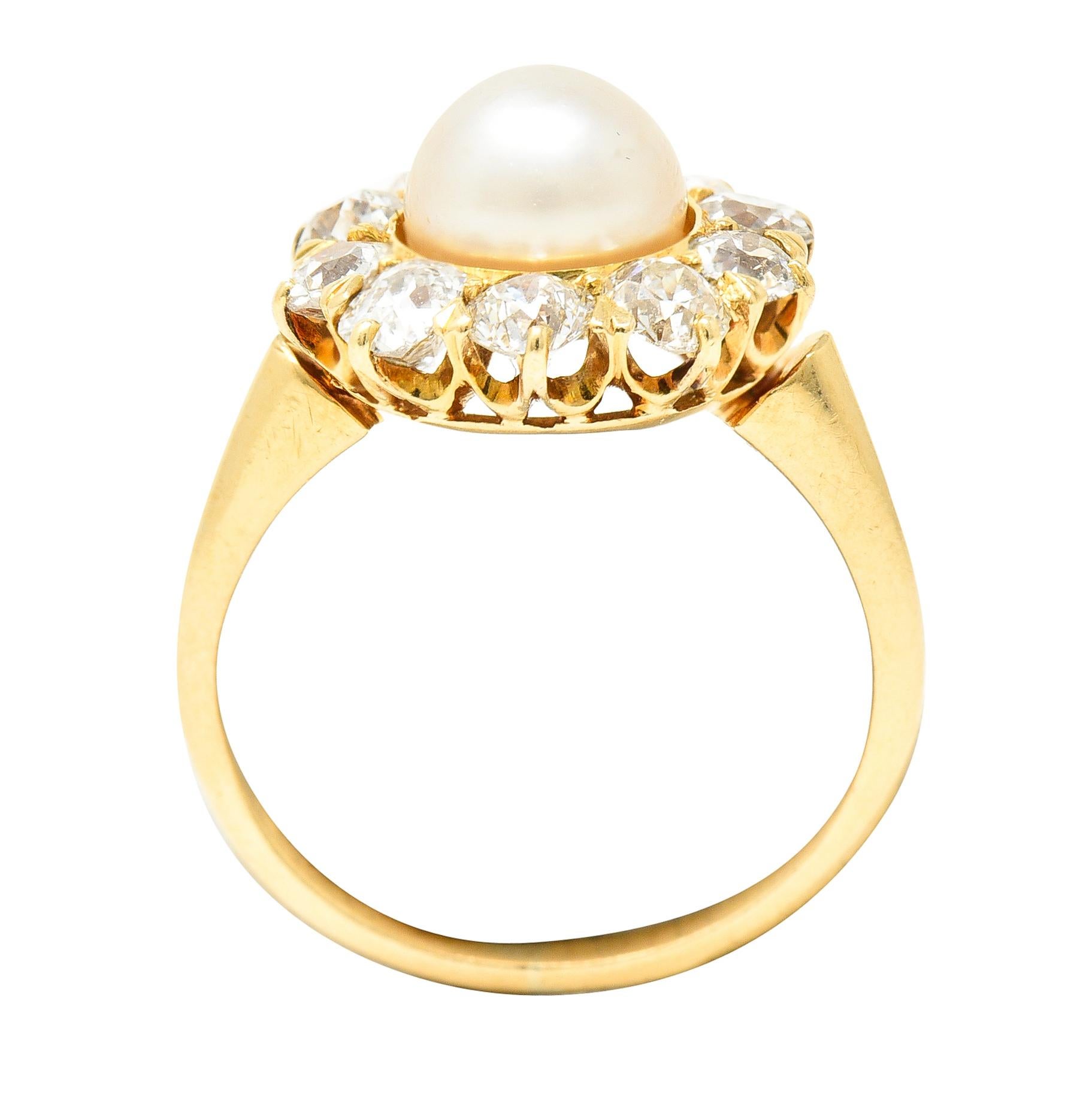 Victorian 0.80 Carat Old Mine Cut Diamond Natural Pearl 18 Karat Gold Ring For Sale 5