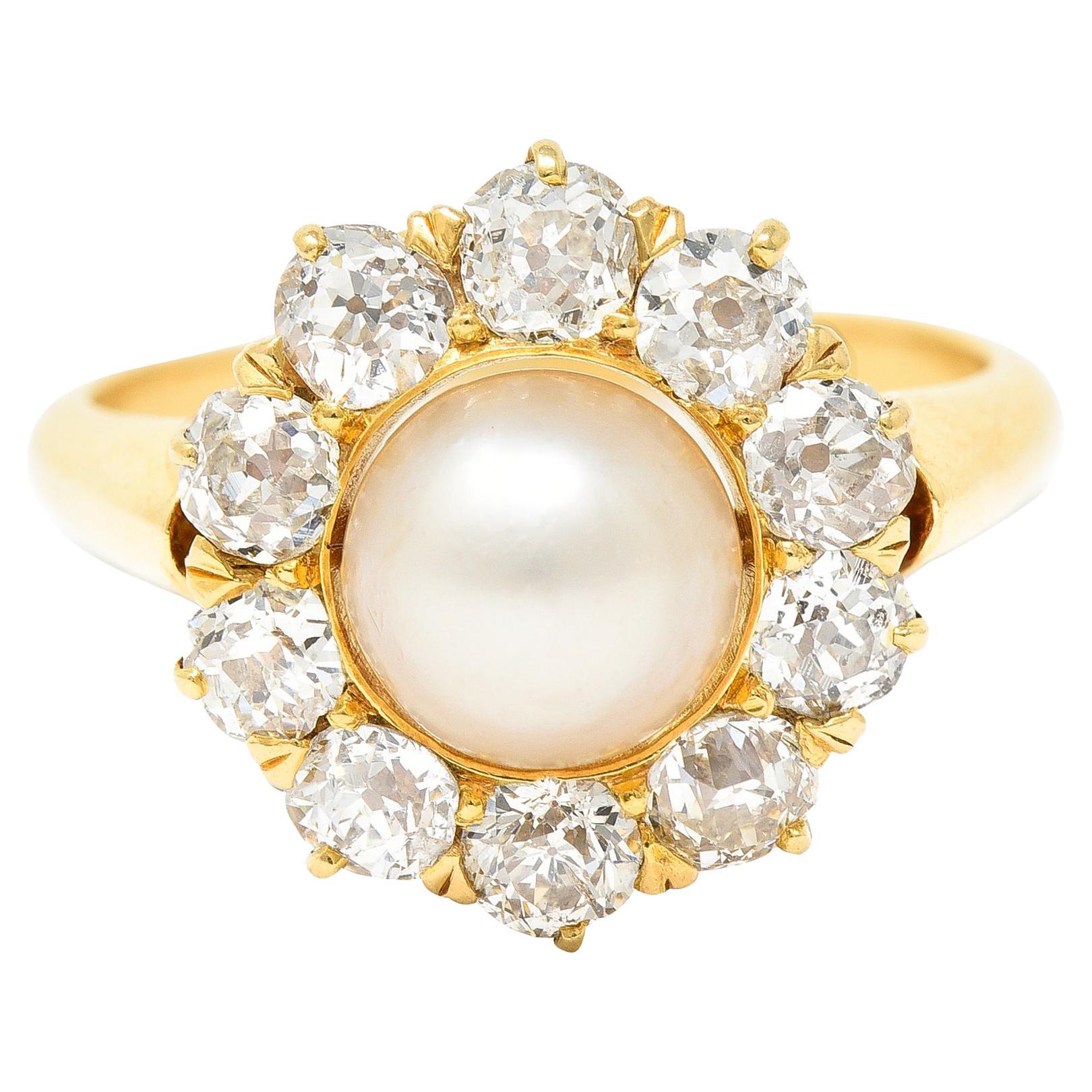 Bague victorienne en or 18 carats avec perle naturelle et diamant taille vieille mine de 0,80 carat