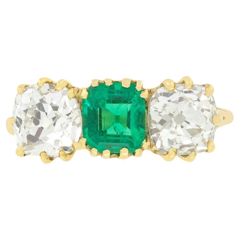 Victorian 0.80ct Emerald and Diamond Trilogy Ring, c.1880s