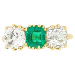 Antique Victorian 0.80ct Emerald and Diamond Trilogy Ring, c.1880s