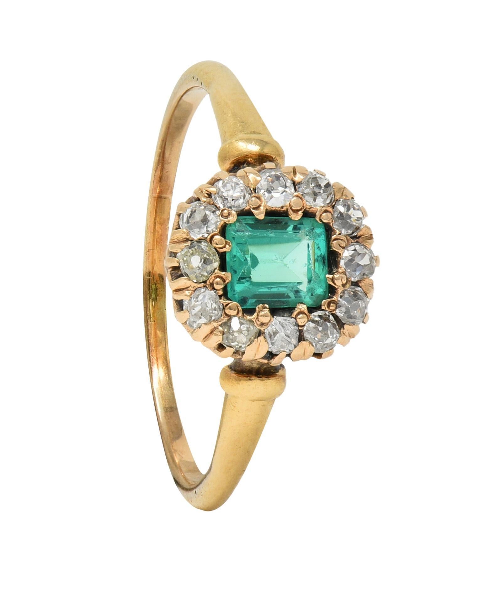 Victorian 0.82 CTW Emerald Diamond 14 Karat Yellow Gold Antique Halo Ring 6