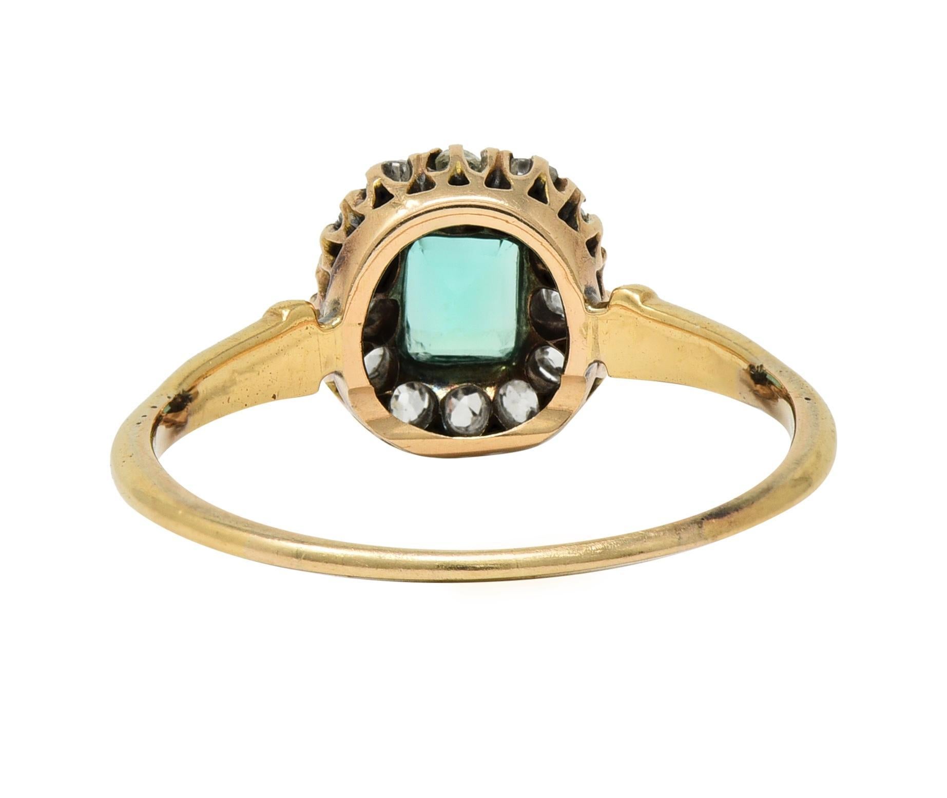 Women's or Men's Victorian 0.82 CTW Emerald Diamond 14 Karat Yellow Gold Antique Halo Ring For Sale