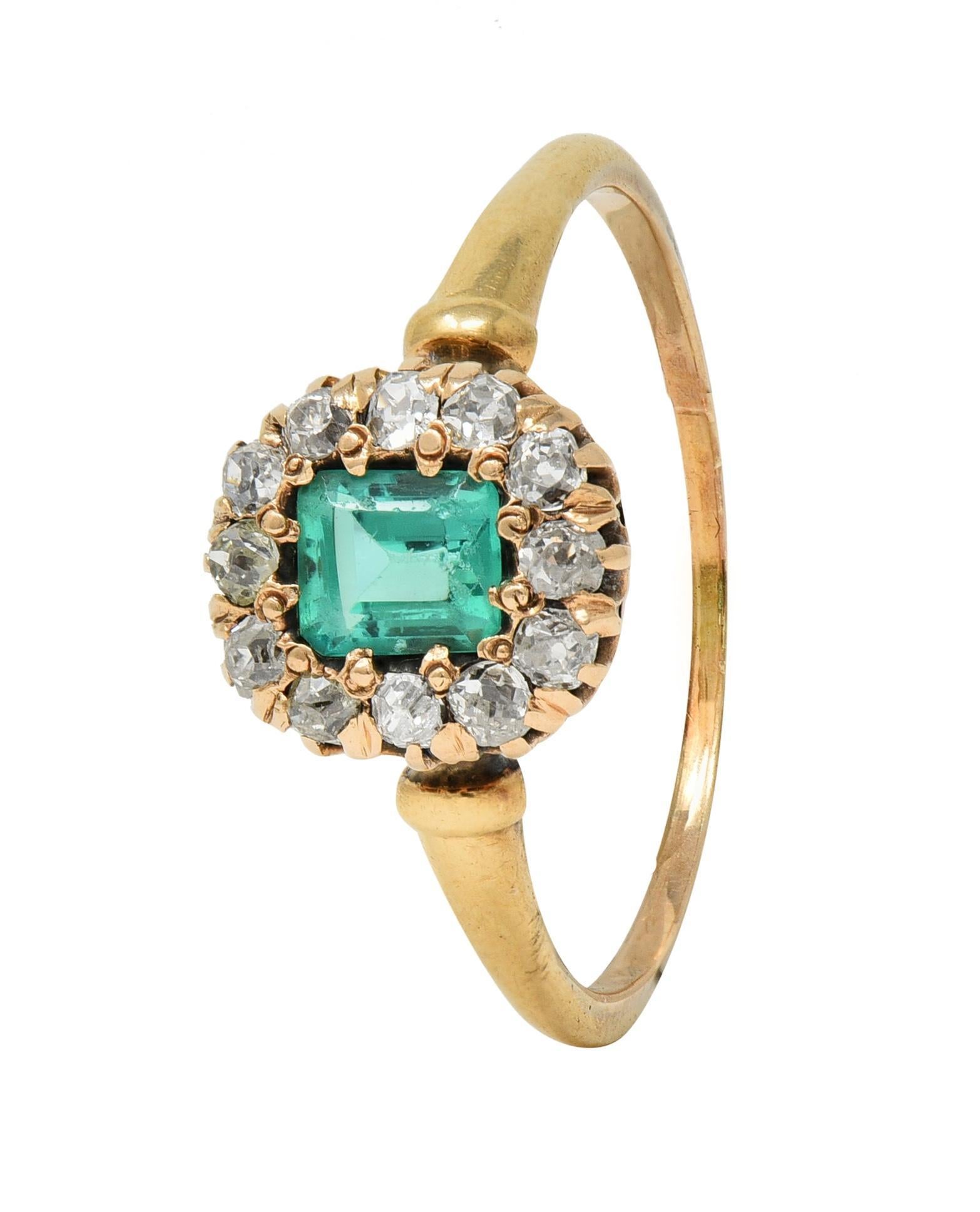 Victorian 0.82 CTW Emerald Diamond 14 Karat Yellow Gold Antique Halo Ring 3