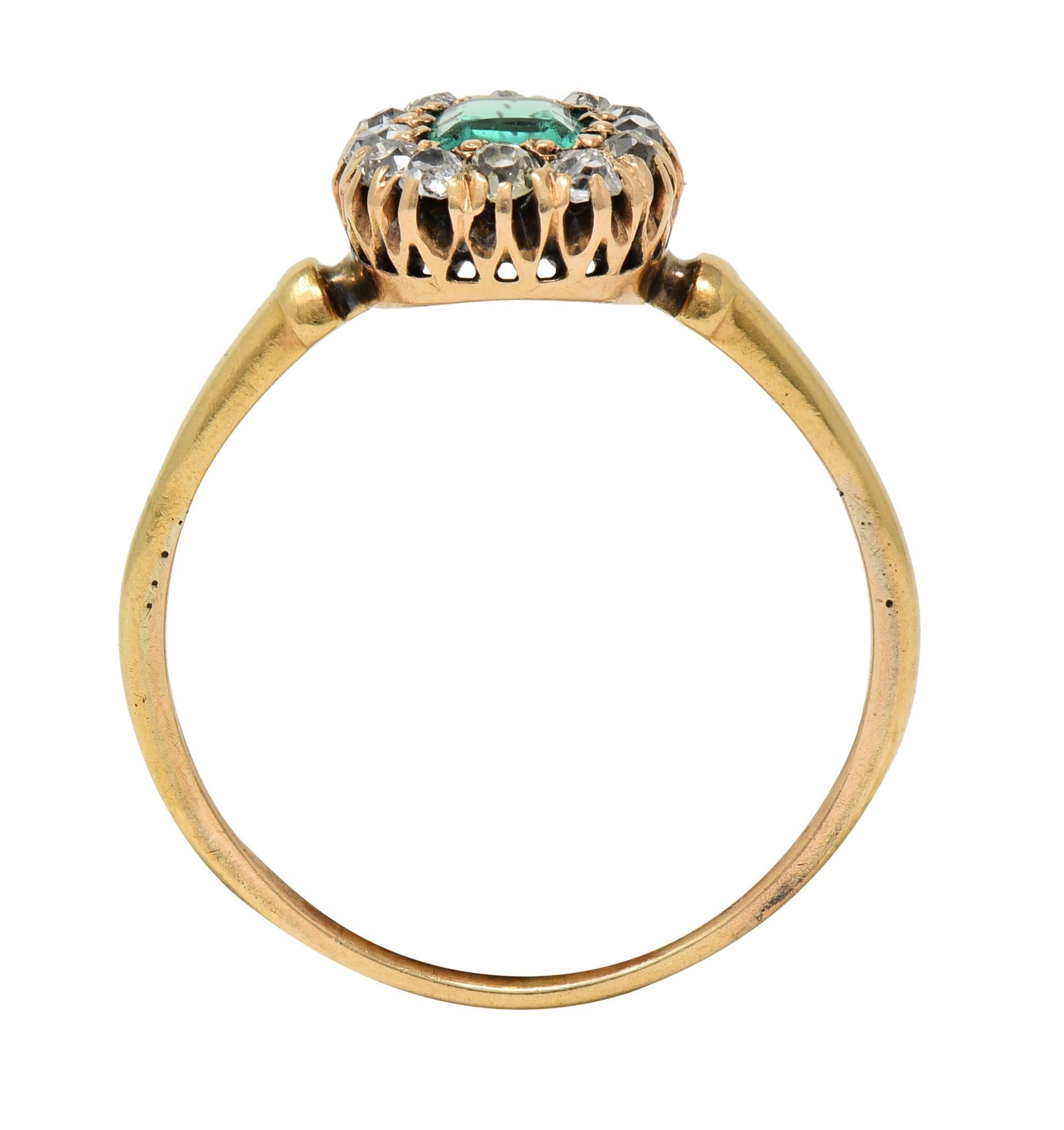Victorian 0.82 CTW Emerald Diamond 14 Karat Yellow Gold Antique Halo Ring 4