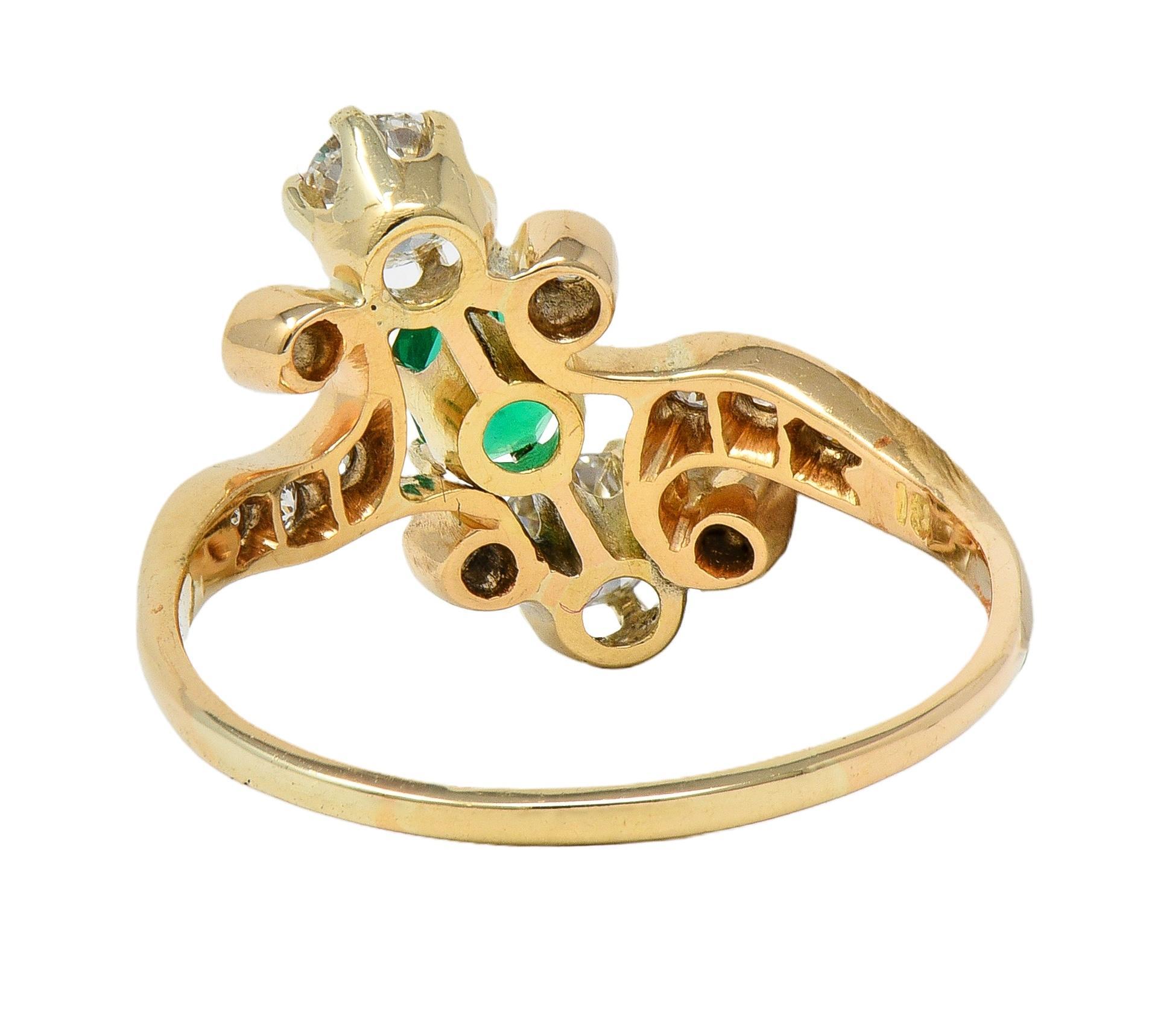 Bague Victorienne 0.84 CTW Emeraude Diamant Or Jaune 18 Karat Antique Bypass Pour femmes en vente