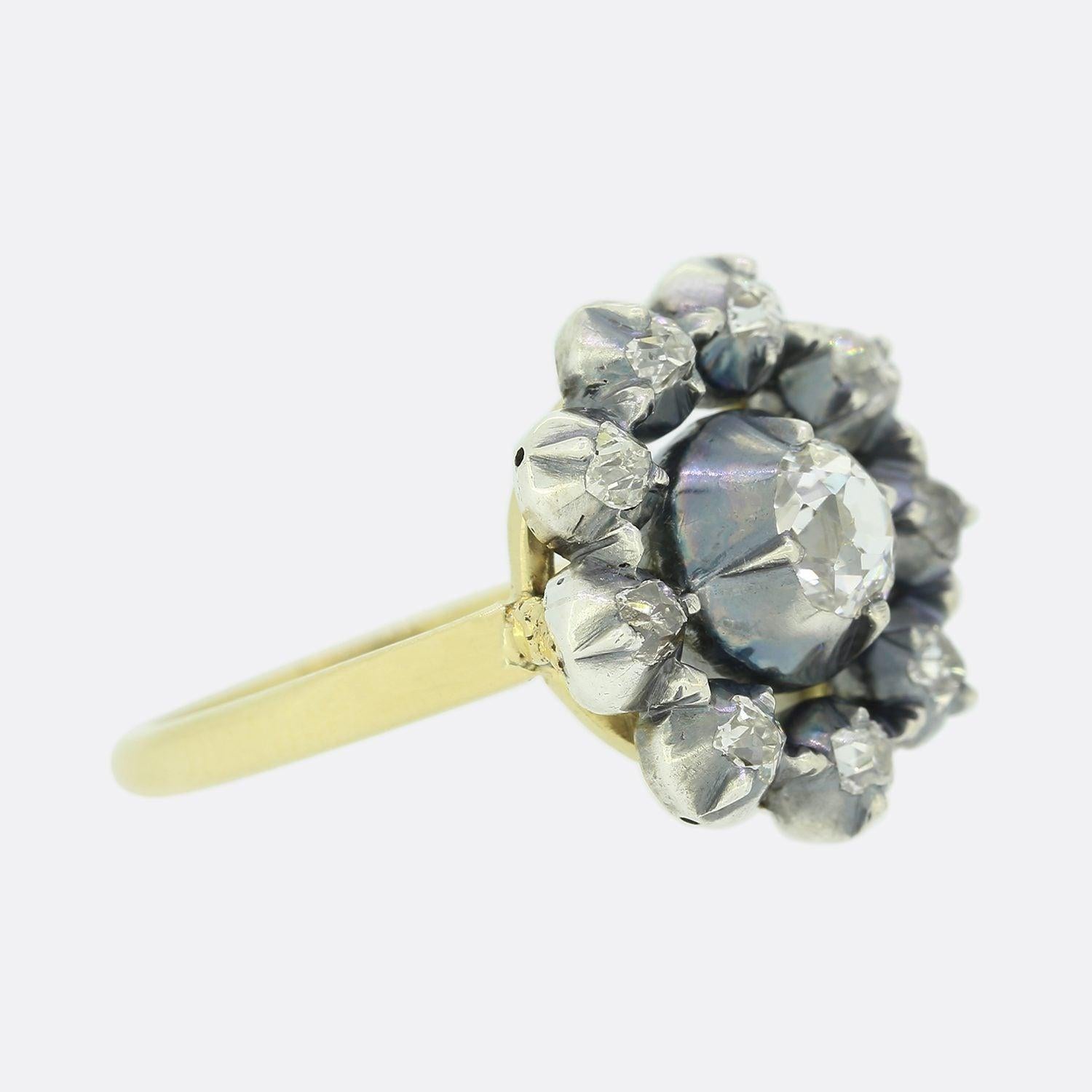 Old Mine Cut Victorian 0.85 Carat Old Cut Diamond Cluster Ring For Sale
