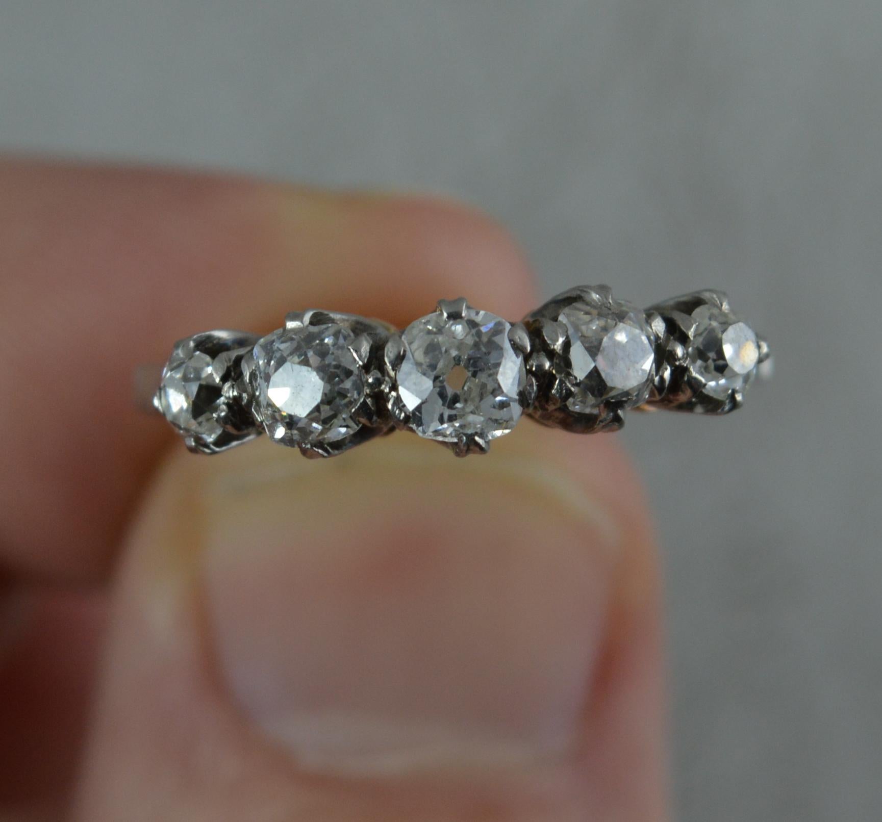 Victorian 0.85 Carat Old Cut Diamond 18 Carat Gold and Platinum Five-Stone Ring 1
