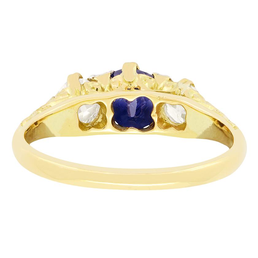 Victorian 0.85ct Sapphire and Diamond Trilogy Ring, c.1880s In Good Condition For Sale In London, GB