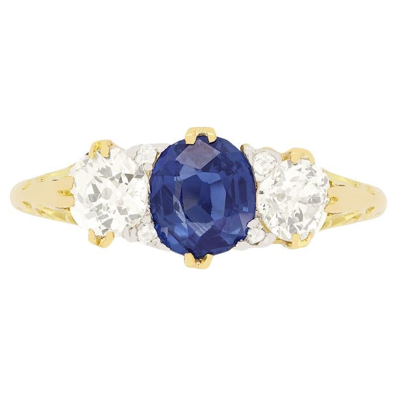 Victorian 0.85ct Sapphire and Diamond Trilogy Ring, c.1880s For Sale