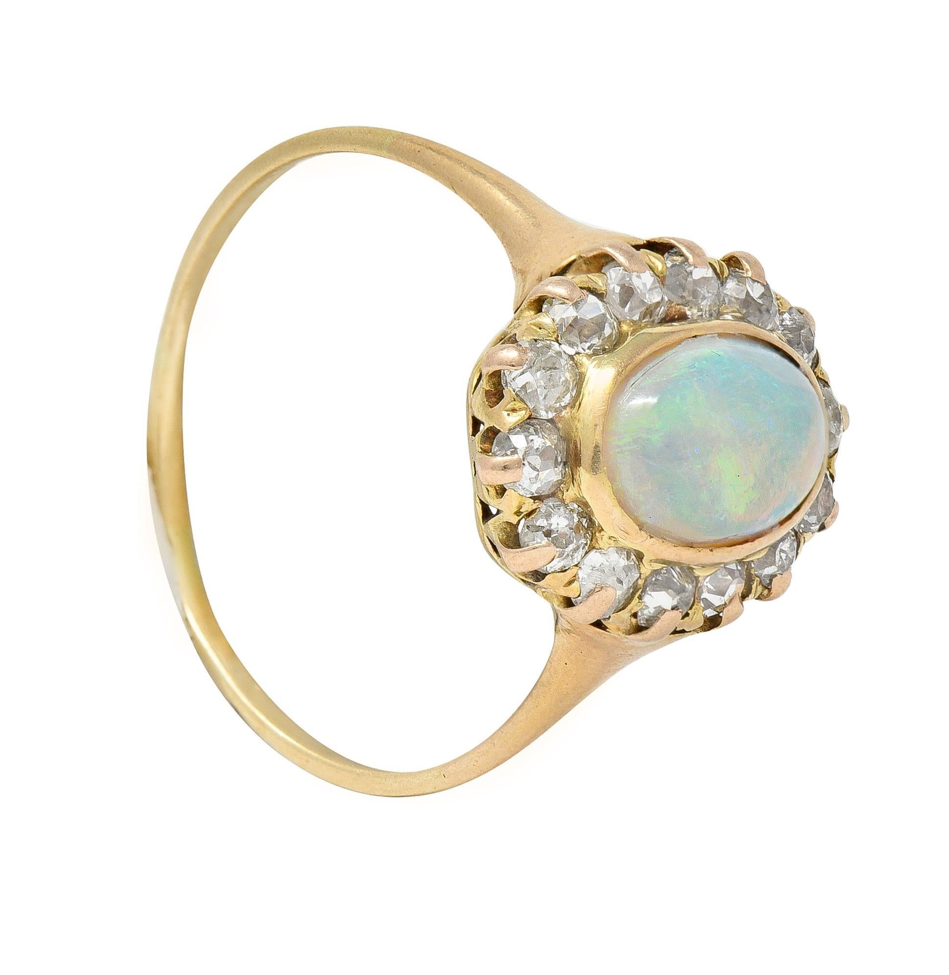 Victorian 0.86 CTW Opal Cabochon Diamond 14 Karat Yellow Gold Antique Halo Ring For Sale 5