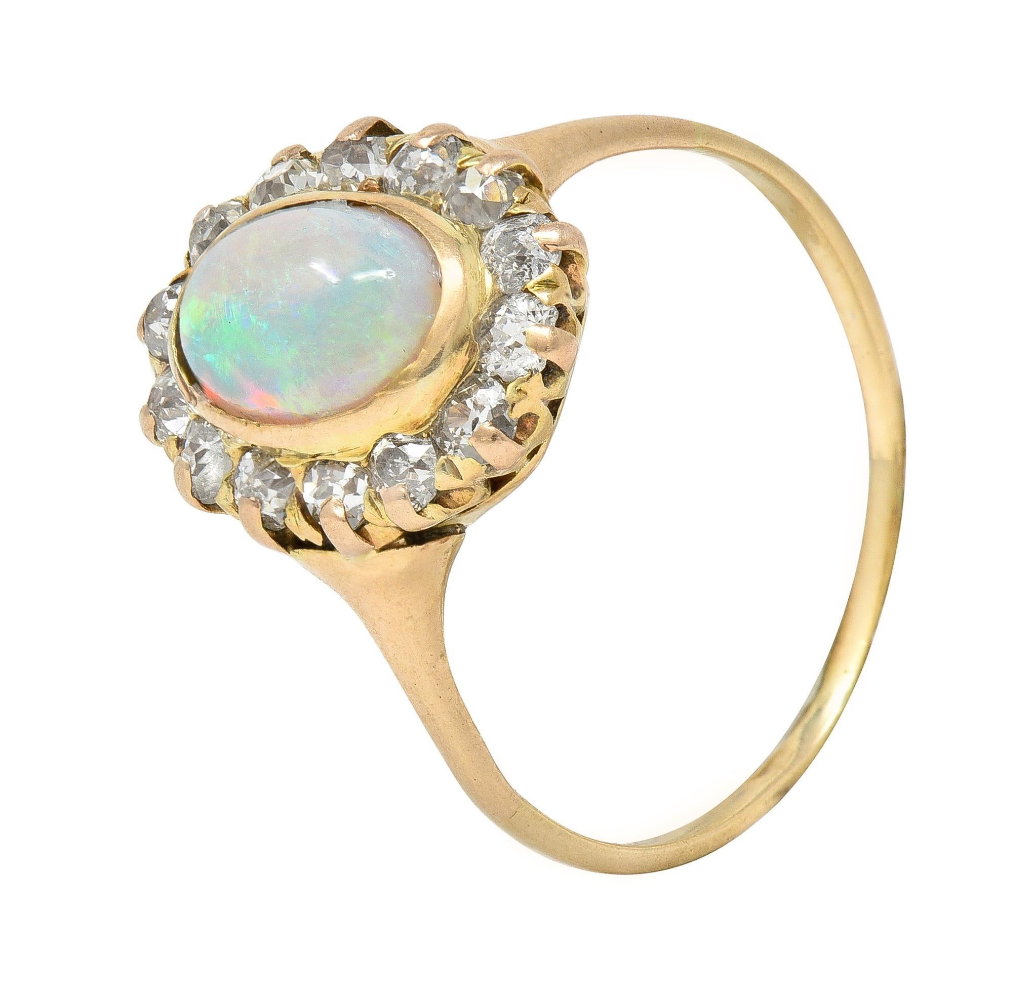 Victorian 0.86 CTW Opal Cabochon Diamond 14 Karat Yellow Gold Antique Halo Ring For Sale 3