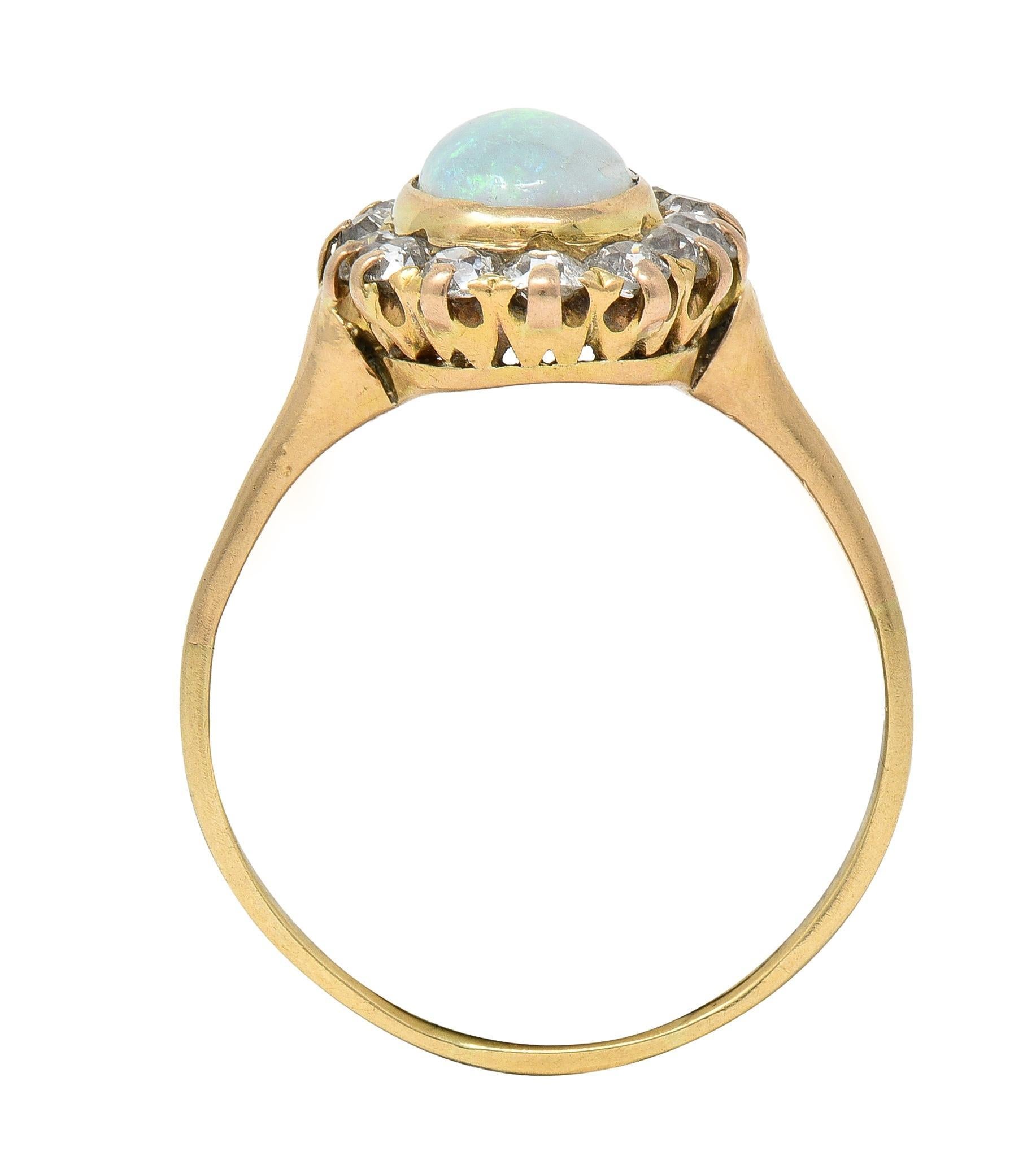 Victorian 0.86 CTW Opal Cabochon Diamond 14 Karat Yellow Gold Antique Halo Ring For Sale 4