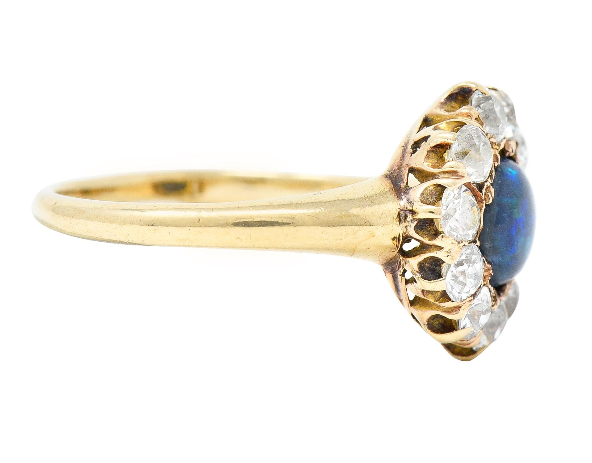 Cabochon Victorian 0.88 Carat Black Opal Diamond Karat Yellow Gold Antique Halo Ring