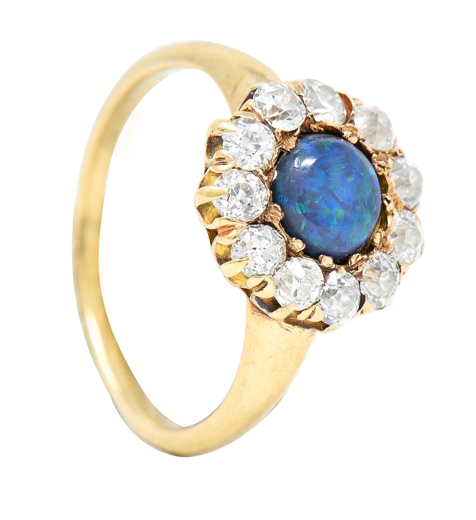 Victorian 0.88 Carat Black Opal Diamond Karat Yellow Gold Antique Halo Ring 4