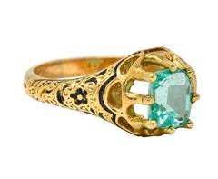 Victorian 0.90 Carat Emerald Enamel 14 Karat Yellow Gold Floral Ring