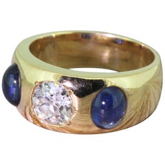 Victorian 0.90 Carat Old Cut Diamond and Cabochon Sapphire Trilogy Ring