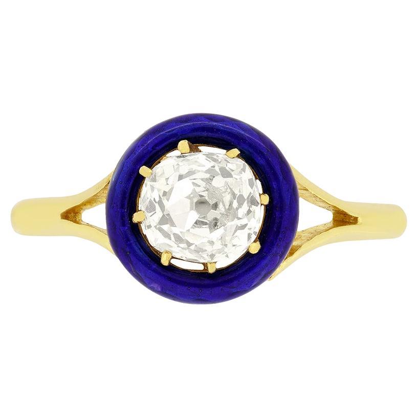 Victorian 0.90ct Diamond and Enamel Solitaire Ring, c.1860s For Sale