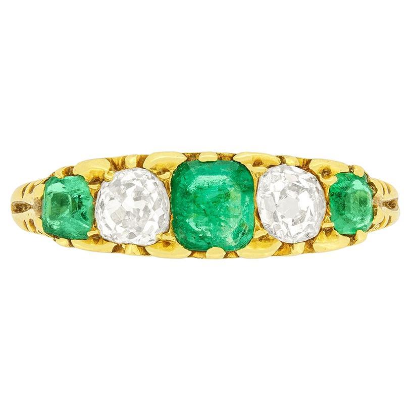 Victorian 0.90ct Emerald and Diamond Five Stone Ring, c.1900s For Sale