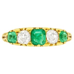 Victorian 0.90ct Emerald and Diamond Five Stone Ring, c.1900s
