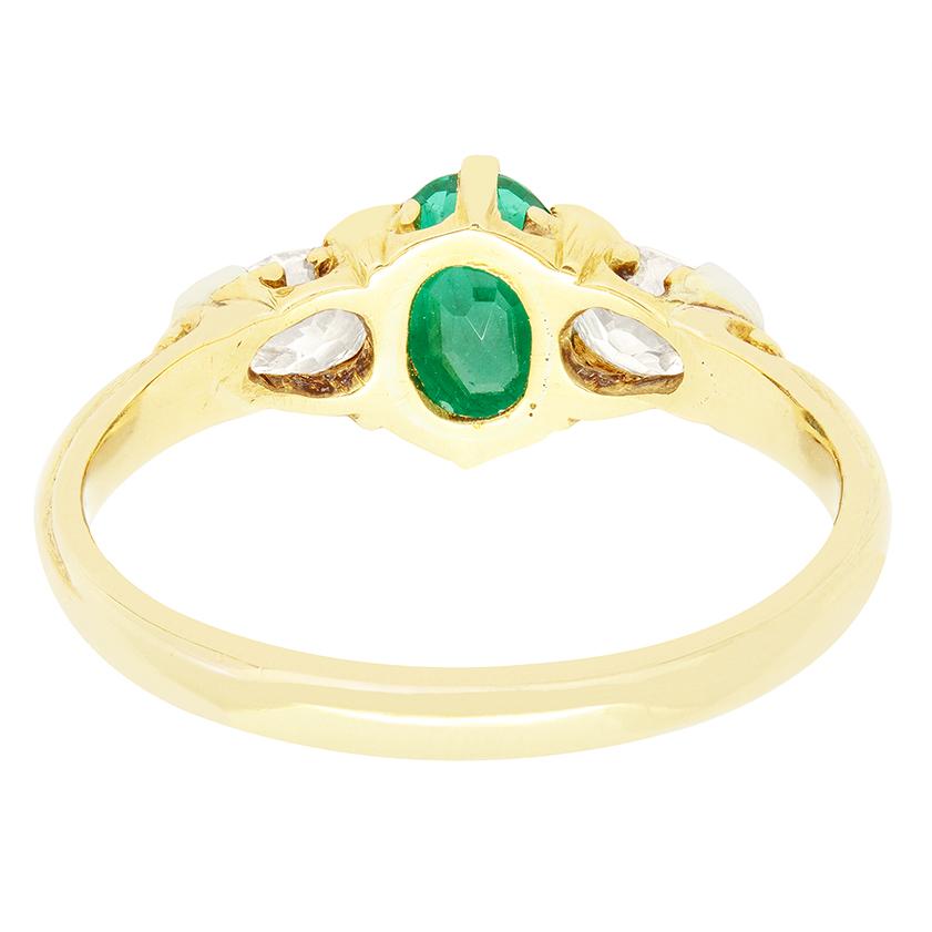 Oval Cut Victorian 0.90ct Emerald and Diamond Three Stone Ring, c.1880s For Sale