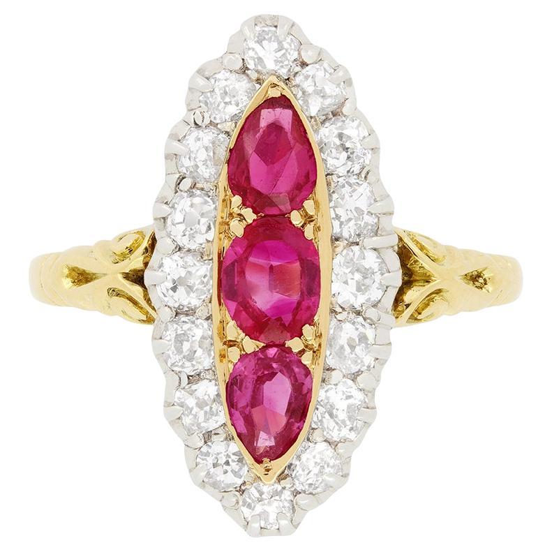 Victorian 0.90ct Pink Sapphire and Diamond Boat ring, c.1880s For Sale